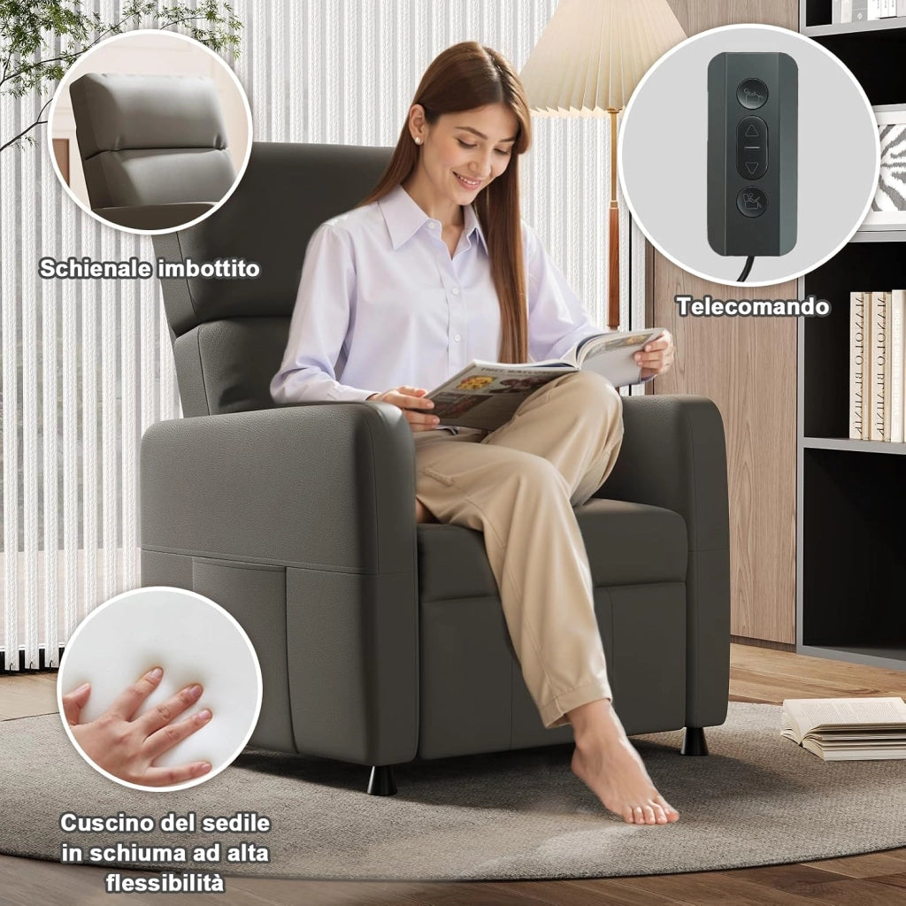 Poltrona Relax Elettrica Ergonomica Reclinabile 90°-165°in Pelle PU, Poltrona Reclinabile con Schienale e Poggiapiedi Regolabile, per Soggiorno/Ufficio, con Tasconi Laterali, Verde grigio
