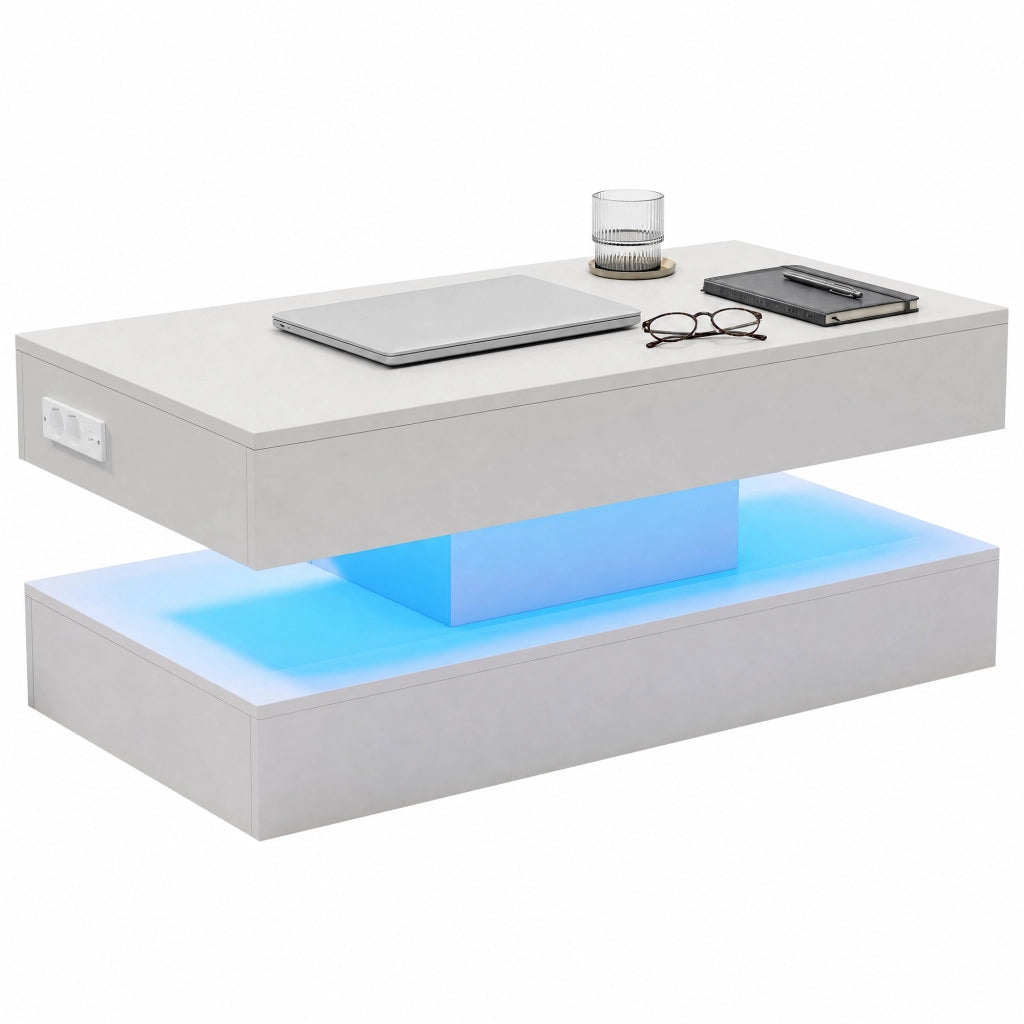 Tavolino da caffè rialzabile con LED Bluetooth; vano contenitore e prese EU; 100x50x42 cm; bianco