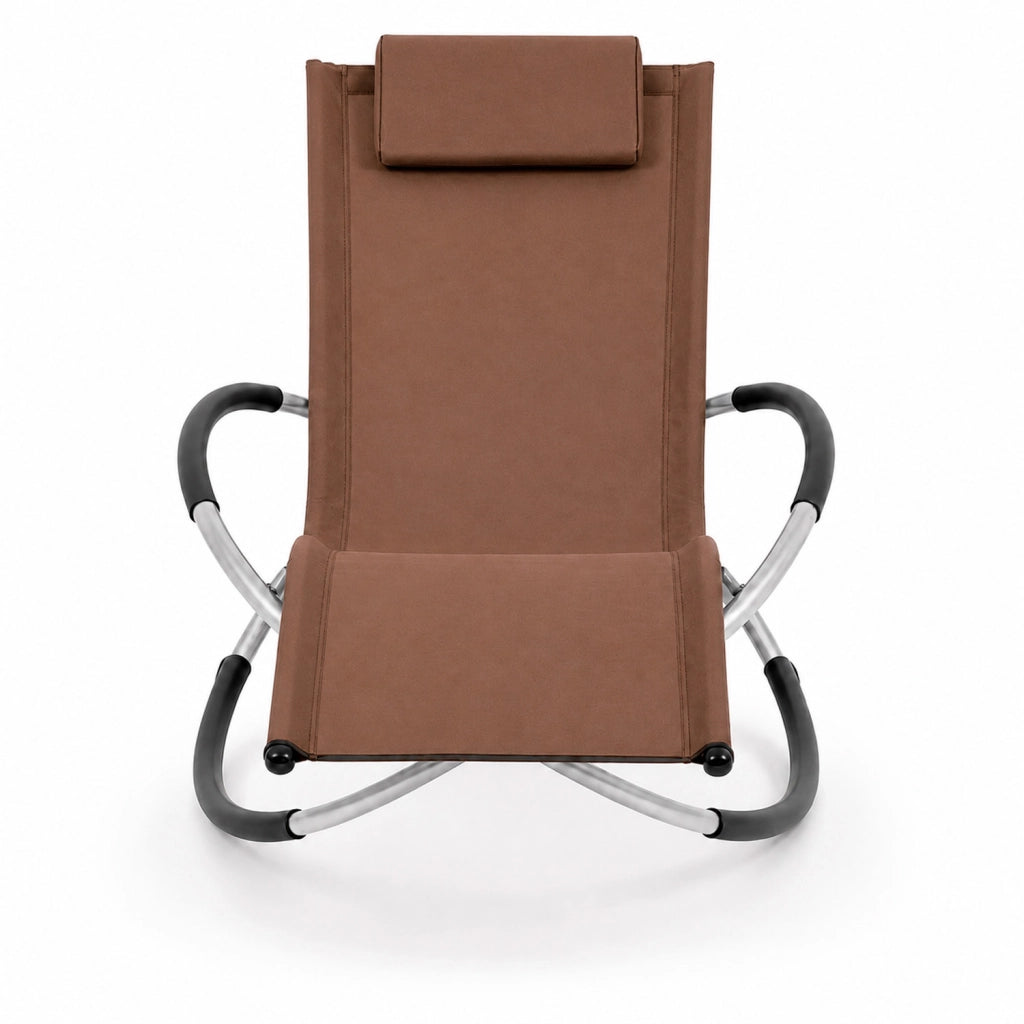 Poltrona Dondolo Reclinabile Da Giardino Con Poggiatesta Removibile In Textilene Traspirante Telaio Metallo Relax Outdoor 73 x 150 x 93 Cm Marrone