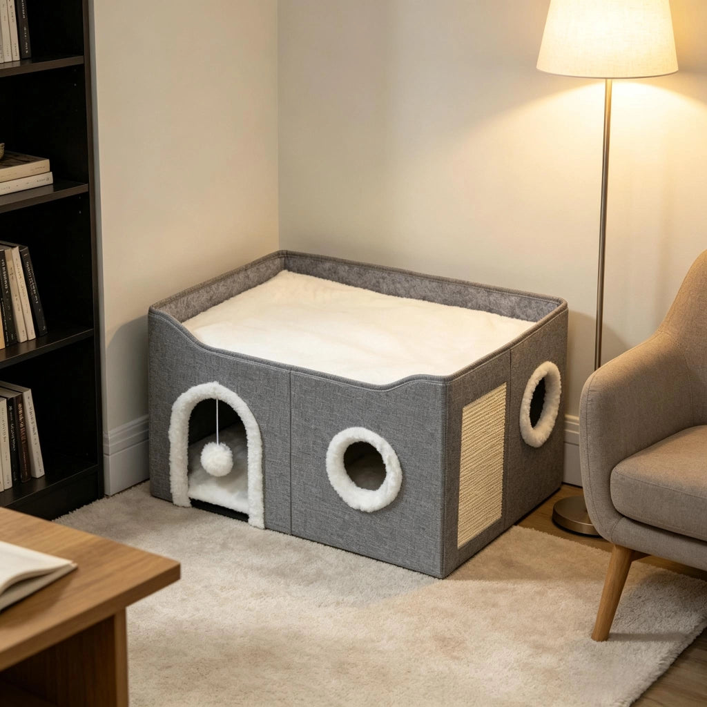 Cuccia per Gatti Pieghevole in MDF con Tiragraffi e Cuscino; 60x40x34 cm; Grigio