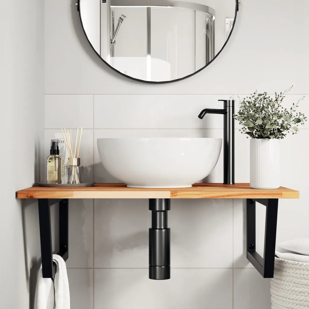 Ripiano a Parete per Lavabo in Acciaio e Massello di Acacia