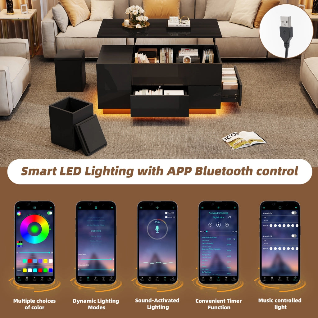 OKWISH Tavolino da Salotto Alzabile con 2 Cassetti, LED e 2 Sgabelli Contenitore, per Soggiorno, 100 x 50 x 45 cm