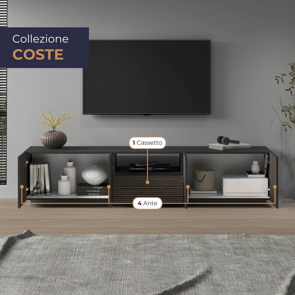WHOUS Mobile porta tv Coste a 4 ante 1 cassetto e 1 vano antracite/legno scuro 220,1x43x46 cm