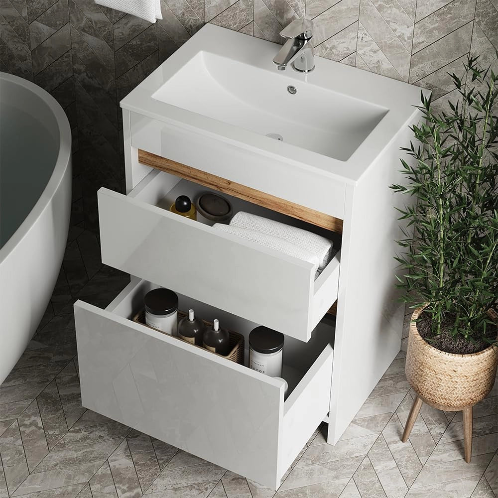 Set di mobili da bagno Detmold, Bianco lucido/oro power oak, 59.6 cm, composto da mobile sottolavabo e lavabo