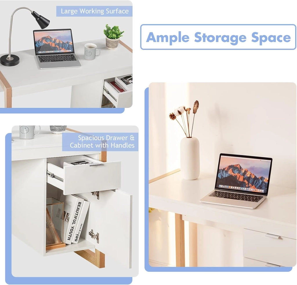 Scrivania per Computer, Scrittoio per Studio Moderno con Cassetto e Armadietto Spazioso in Legno Solido, per Ufficio/Casa, Portata di 70kg, 112,5x 50x75cm, Bianco (Bianco)