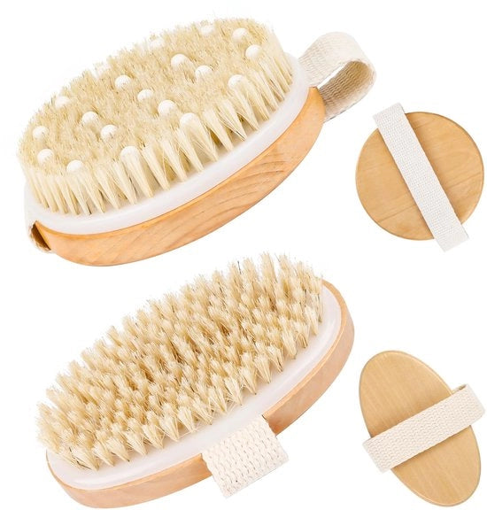Set a Dry Brush per Lymfedrainage 2 pezzi, spazzola con pelo di cinghiale, spazzola per massaggi corpo, spazzola esfoliante per cellulite, miglioramento della circolazione del sangue, spazzola per massaggi mani rotonda da 11 cm