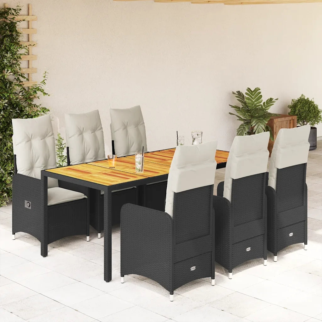 Set da BistrÃ² da Giardino 7 pz con Cuscini Nero in Polyrattan