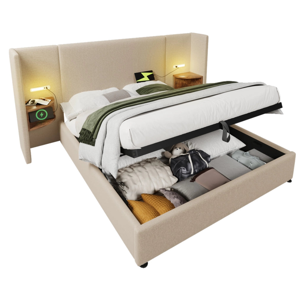 Letto contenitore 180x200 cm con testiera multifunzione; luce lettura e USB in lino beige