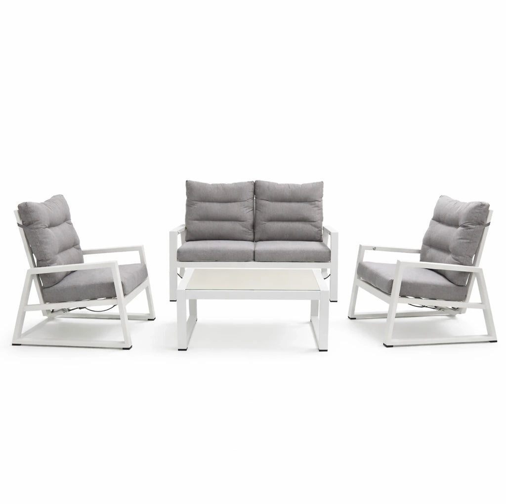 Tempo Style - Salottino Lounge in alluminio MIKONOS bianco/grigio | Lounge da giardino con divano, tavolo, 2 poltrone e cuscini | Set di mobili da giardino in metallo da 4 persone