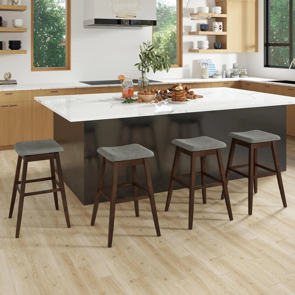 Set di 2 Sgabelli da Bar Girevoli, Sedie Ergonomiche in Tessuto di Lino con Seduta Imbottita, Poggiapiedi e Gambe in Legno di Gomma, Portata 140 kg, per Isola Cucina, Soggiorno e Pub