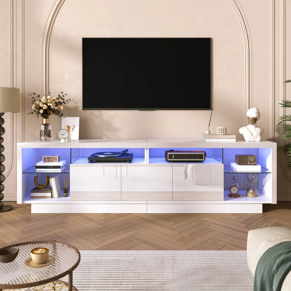 Mobile porta TV con 3 ante, vani aperti in vetro e LED, per soggiorno, in legno truciolare bianco, 200 × 38 × 55 cm