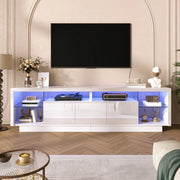 Mobile porta TV con 3 ante, vani aperti in vetro e LED, per soggiorno, in legno truciolare bianco, 200 × 38 × 55 cm