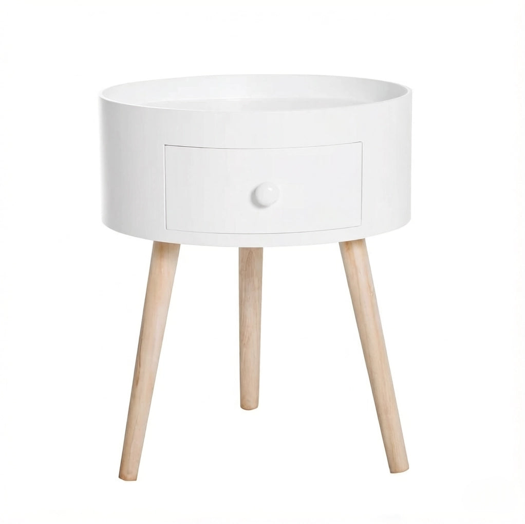 Comodino con cassetto in MDF e legno massello, bianco e legno, 38x38x45 cm