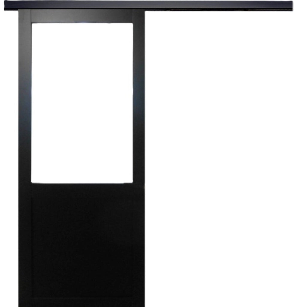 Porta scorrevole nera per officina in vetro H204 x L83 senza montante + binario in alluminio Striscia nera