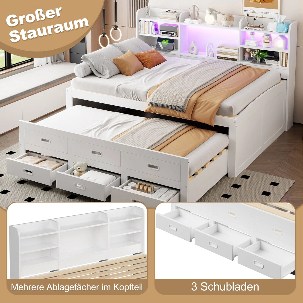 OKWISH Letto a Scomparsa 140×200 cm, Letto Matrimoniale con LED Regolabile, 3 Cassetti, USB, Tipo C e Ripiani, senza Materasso, Bianco