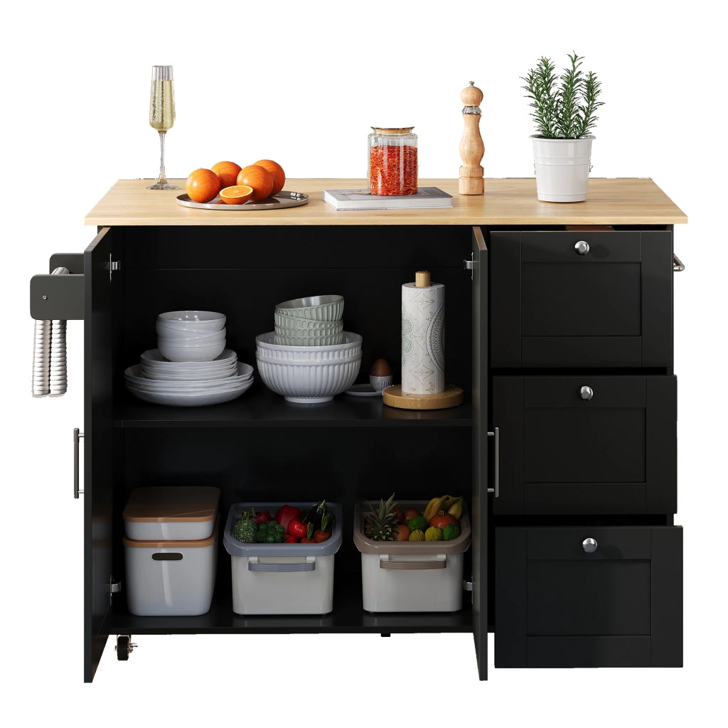 Carrello cucina mobile pieghevole con piano effetto rovere, 3 cassetti, armadio a 2 ante, ruote frenanti