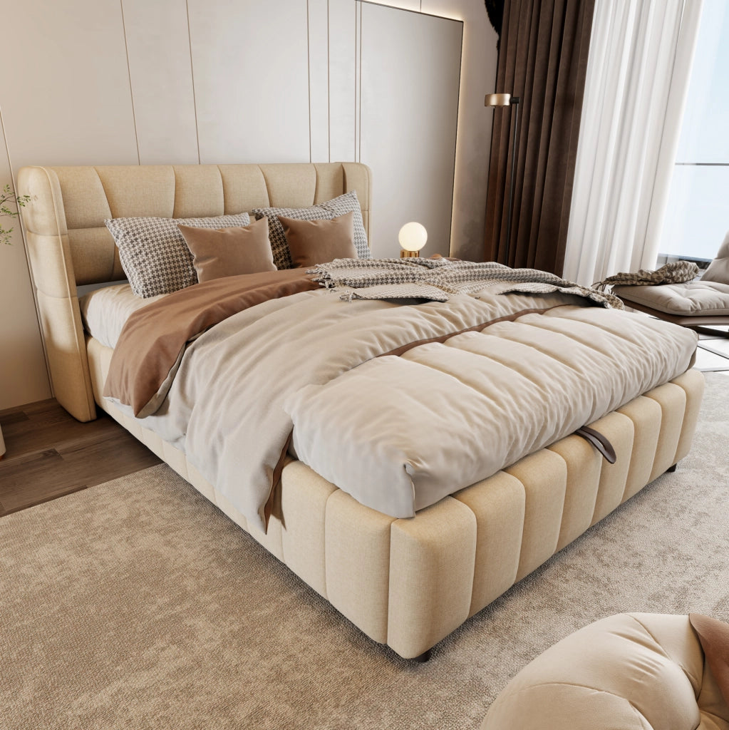 Letto imbottito contenitore 140x200 cm beige con sollevamento