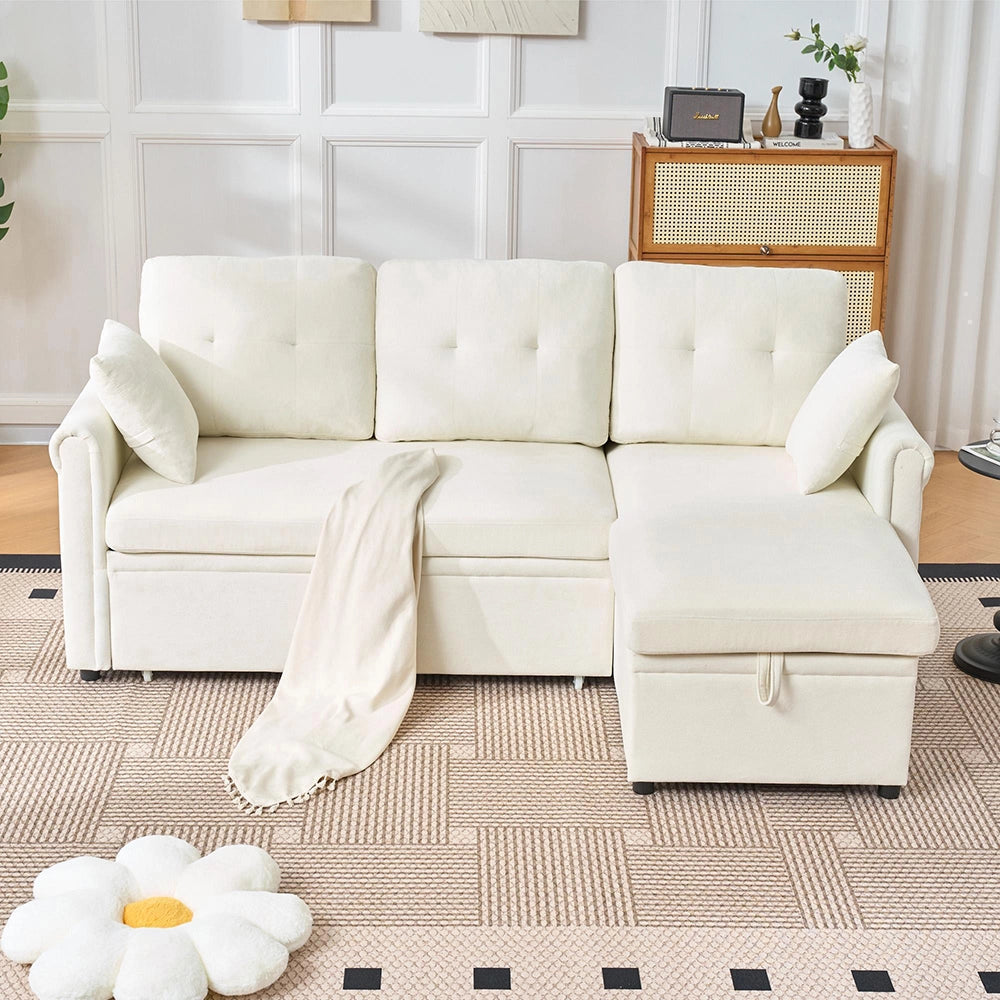 Divano letto angolare con contenitore - Xylo - Montaggio bilaterale, spazio di archiviazione, morbido chenille, beige