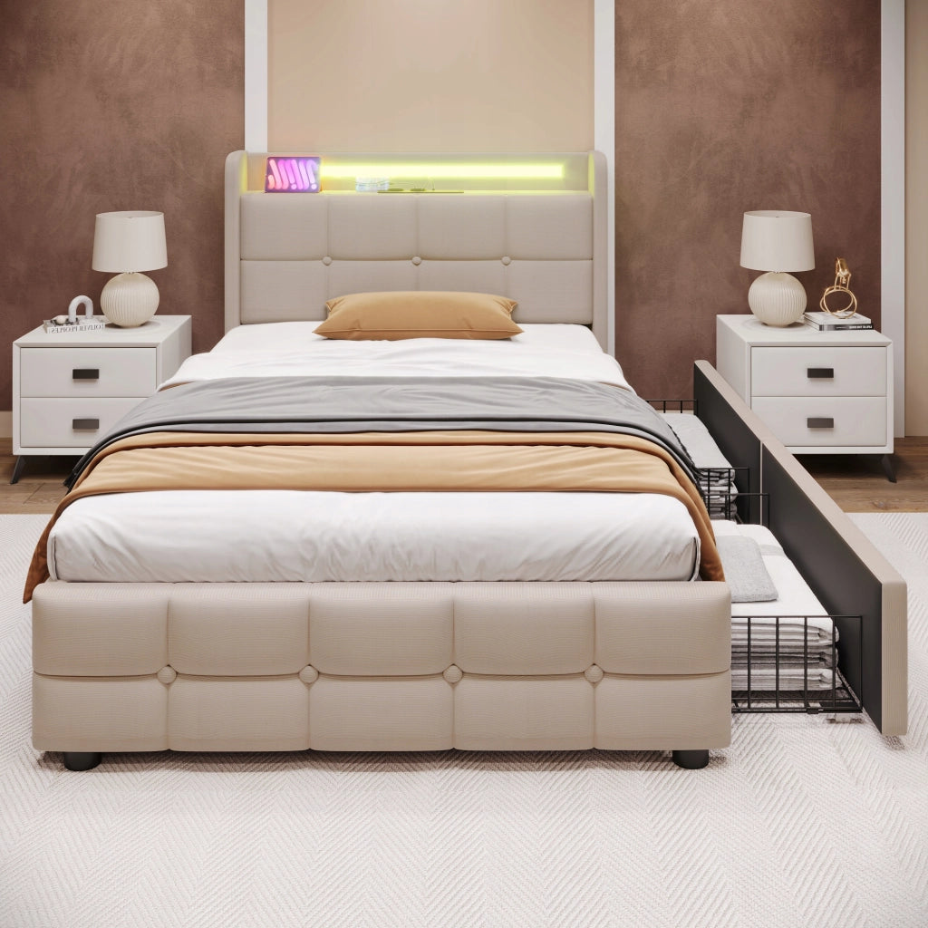 Letto imbottito 90x200 - Xylo - LED, USB, 2 cassetti, beige