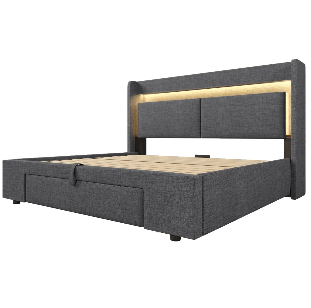 Letto imbottito 140x200 cm con contenitore idraulico; LED; USB e USB-C; lino grigio