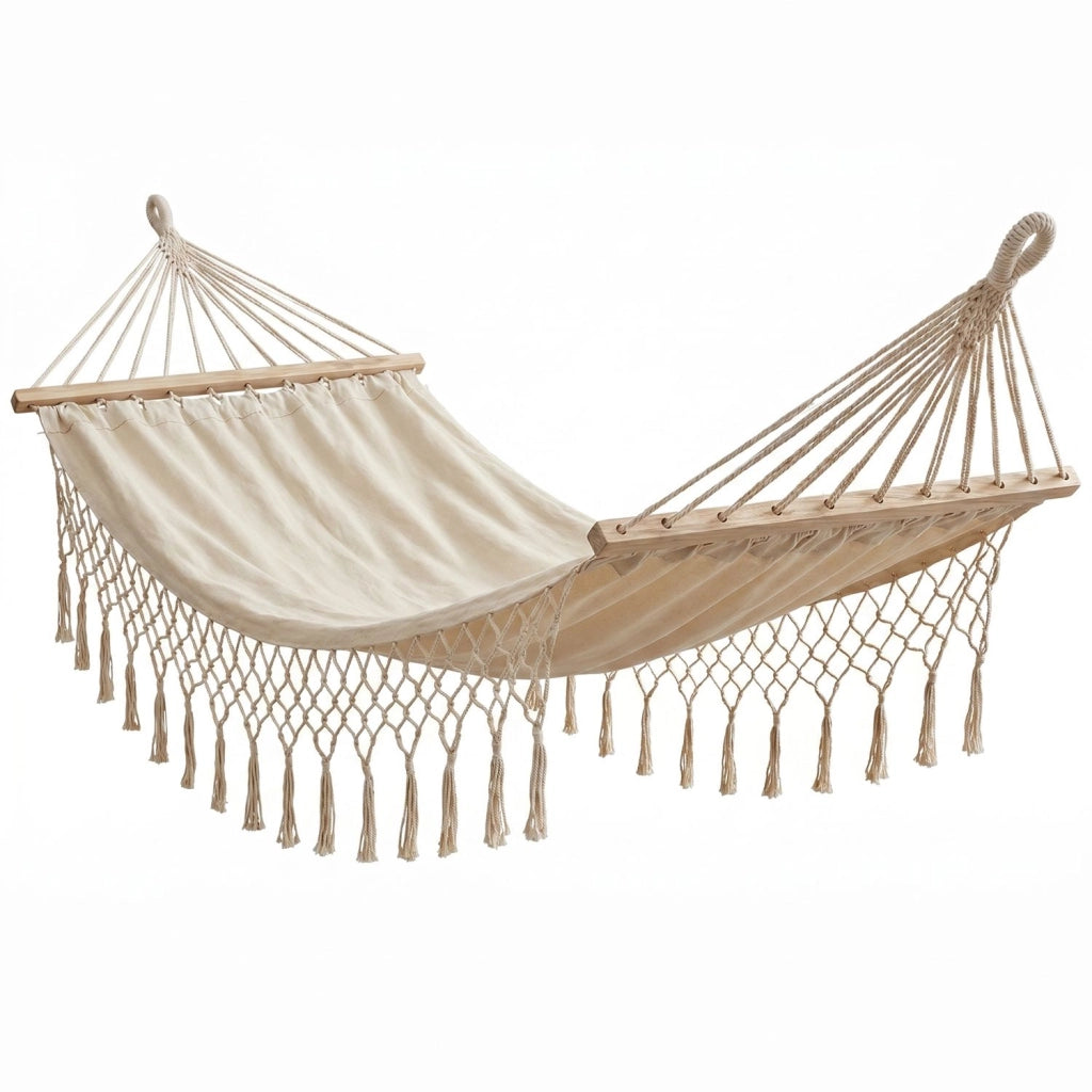 Marvin Amaca da Giardino Indonesia, Letto Dondolo da Esterno Campeggio, Barre di Legno, in Cotone Tessuto  BEIGE 200x100