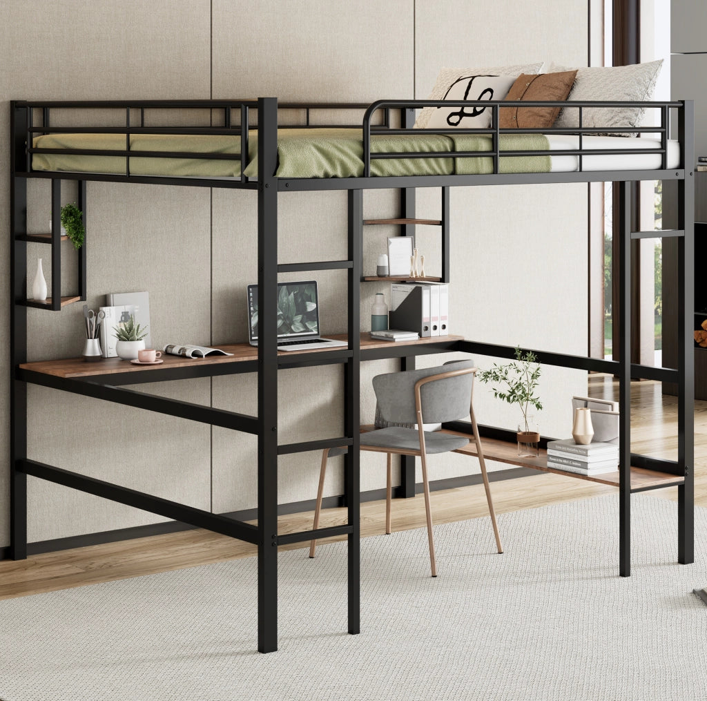 Letto a soppalco 140x200 cm con scrivania e libreria; metallo; nero (Senza materasso)