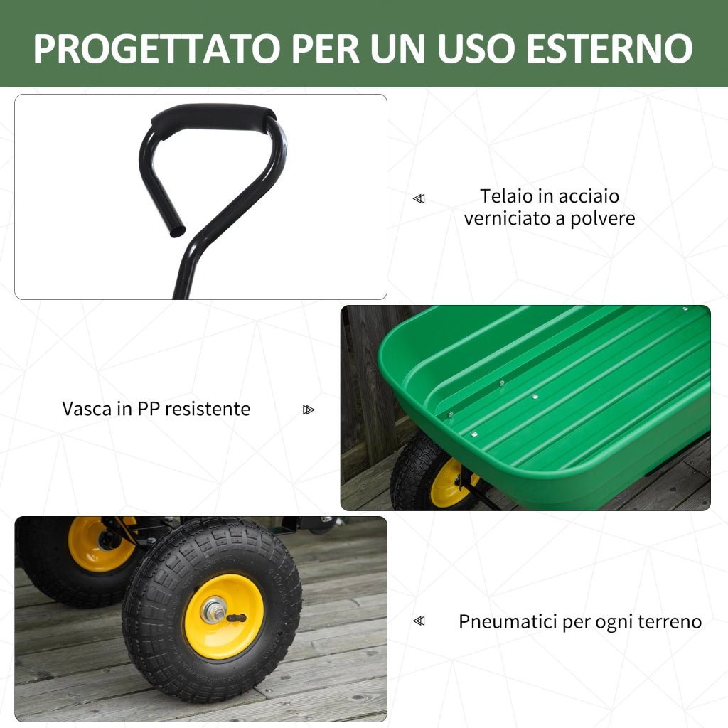 EasyComfort Carrello da Giardino 125L in Acciaio e PP con Vasca ribaltabile e Maniglia, 118x58x102 cm, Verde