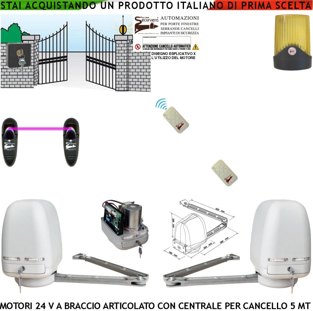 Kit 2 Motori a Braccio Articolato 24 V Cancello Automatico 2 Ante da 0,5 a 2,5 MT Centrale 220/24 V 2 Radiocomandi Faro Selettore Coppia Fotocellule