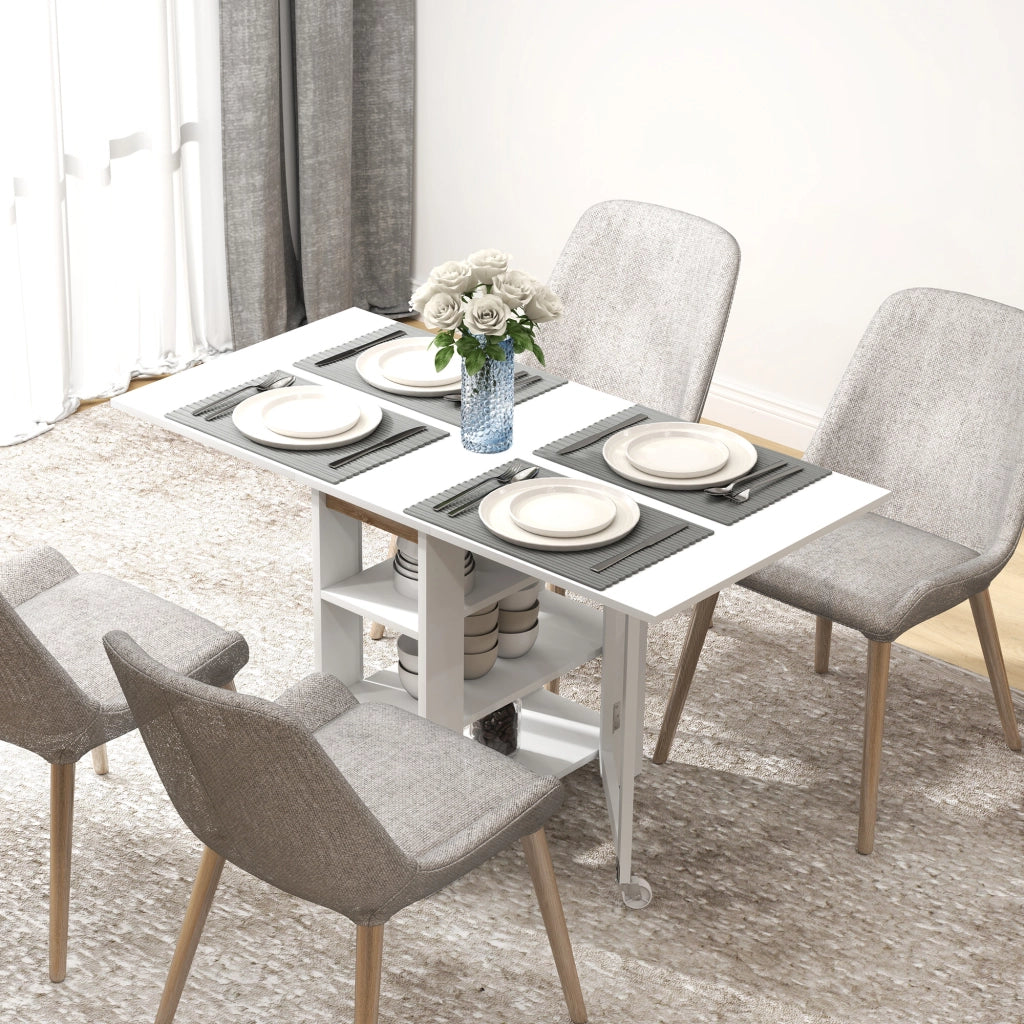 Tavolo Pieghevole da Pranzo 120x60x75 cm con 2 Ribalte e Ripiani in Truciolato Bianco