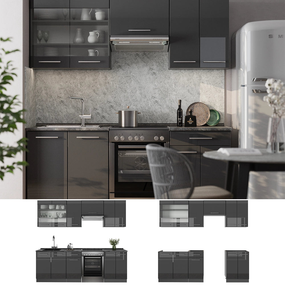 Cucina componibile Fame-Line Antracite lucido/Antracite 240 cm, PL Rovere Vicco