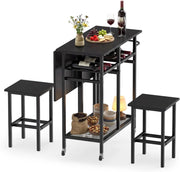 Set Tavolo da Pranzo Pieghevole 3 Pezzi, Tavolo Salvaspazio Estendibile con 2 Sgabelli con Ruote, Portabottiglie da 6 Posti, Ripiani e Maniglia Laterale per Cucina (Nero,Modello 2)