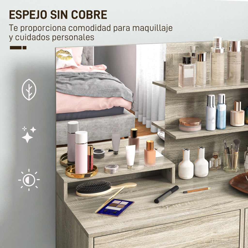 Cassettiera per trucco con specchio e sgabello ¨C zephmum ¨C naturale e beige