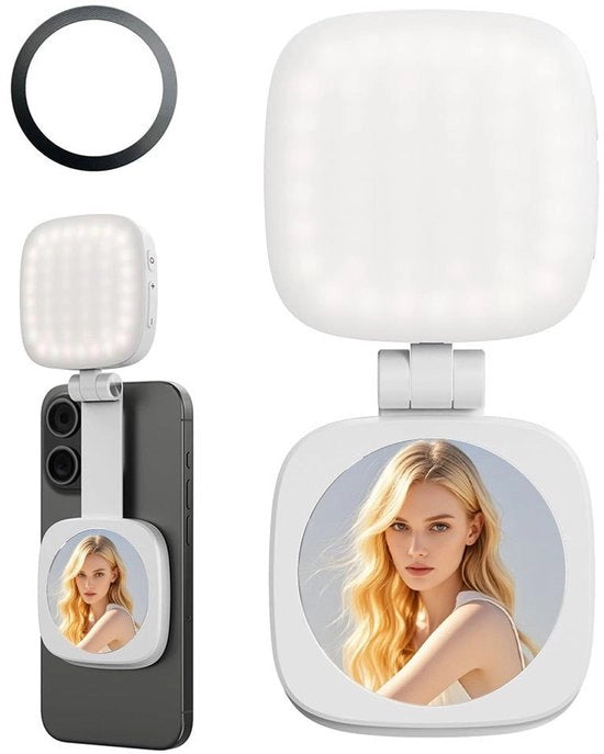 Involtura LED per selfie, illuminazione da diverse angolazioni, impostazione di luci calde e fredde, regolazione dell'illuminazione - durata batteria fino a 90 minuti, specchio di makeup integrato.