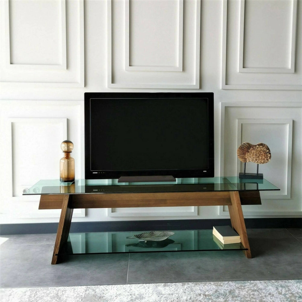 Mobile porta TV Amorosi, Credenza da soggiorno, Armadio basso per TV, Base parete attrezzata, 158x40h45 cm, Noce e Verde