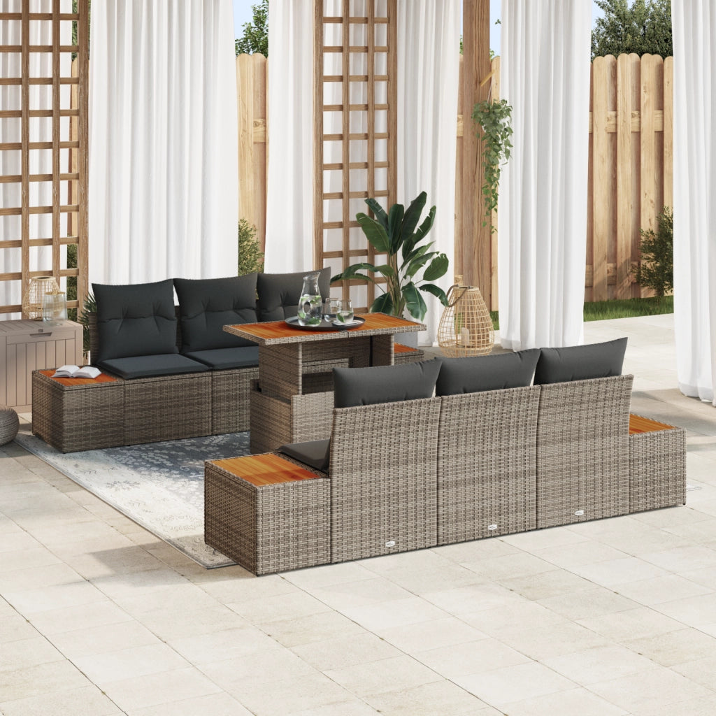 Set da Pranzo Giardino 7 Pezzi con Cuscini Grigi in Rattan Sintetico e Acacia