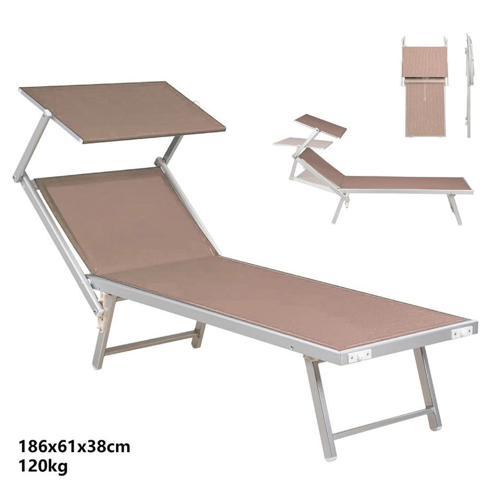 Trade Shop - Lettino Pieghevole Prendisole In Alluminio Textilene Con Parasole Orientabile 186x61x38cm - Tortora