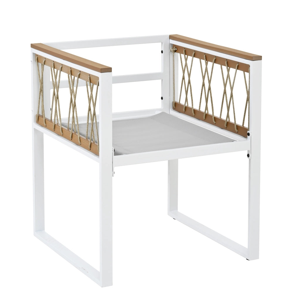 Set da pranzo per esterni da 6 posti con tavolo quadrato, 4 sedie e 2 pouf, struttura in acciaio, nero e bianco