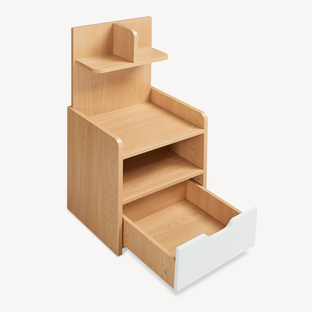 Comodino Bordkak con Cassetto Scomparto Aperto e 2 Ripiani 75 x 35 x 30 cm - Effetto Rovere / Bianco [en.casa]
