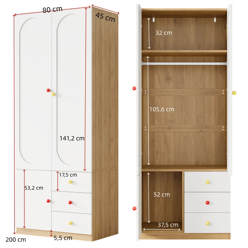 Armadio per bambini, 3 cassetti, maniglie in ceramica colorata, finitura effetto legno, bianco