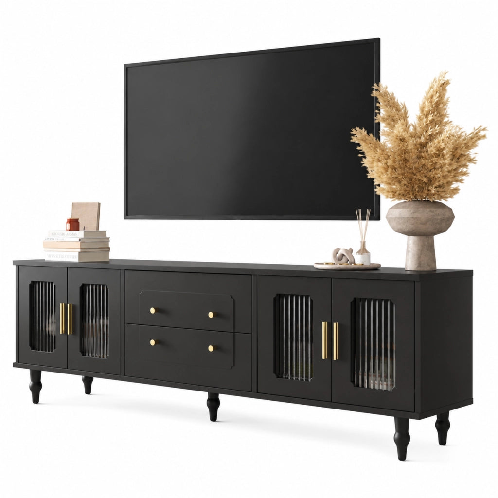 Mobile TV 175x38x55;5 cm; porte in vetro rigato e cassetti push-to-open; truciolare nero