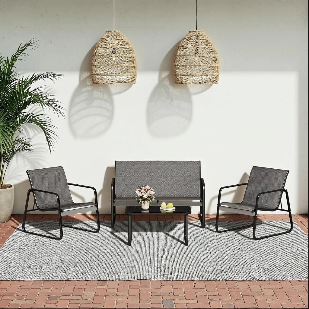 Set da Giardino 4 Pezzi, Mobili da Esterno in Tessuto Teslin, Salotto da Patio con 2 Poltrone, 1 Divano Doppio e 1 Tavolino in Vetro, per Giardino, Balcone e Terrazza (4pcs Set)
