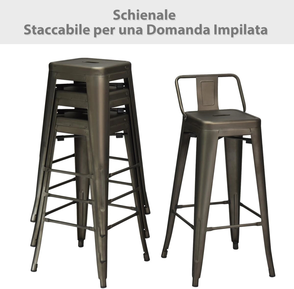 Set di 4 Sgabelli da Bar con Schienale da 94 cm, Sgabelli in Metallo Impilabili con Poggiapiedi per Cucina, Sala da Pranzo e Bar (Marrone)