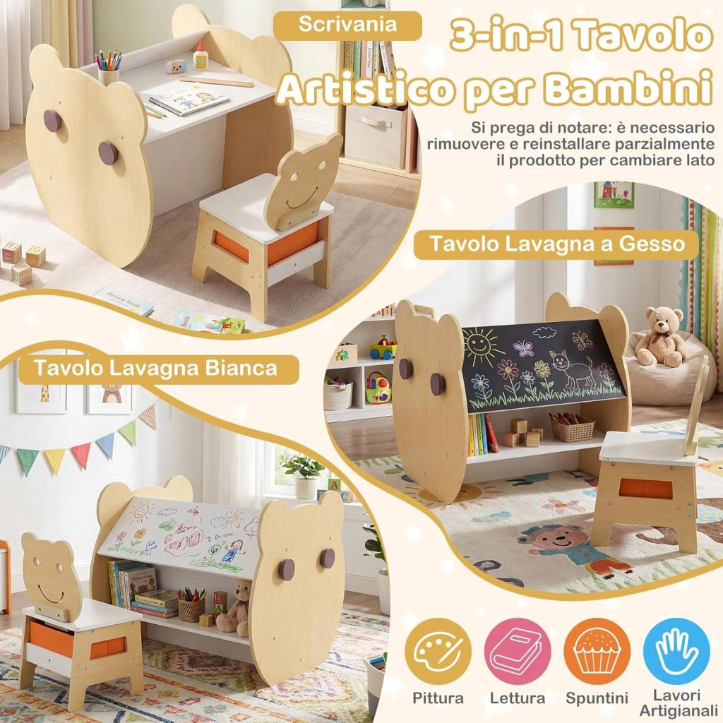Set Tavolo e Sedia per Bambini 3+ Anni, Tavolo Multifunzionale con Lavagna Bifacciale, Ripiano e 4 Ganci Laterali, Sedia Comoda con Cassetto Rimovibile per Cameretta e Asilo (Naturale)