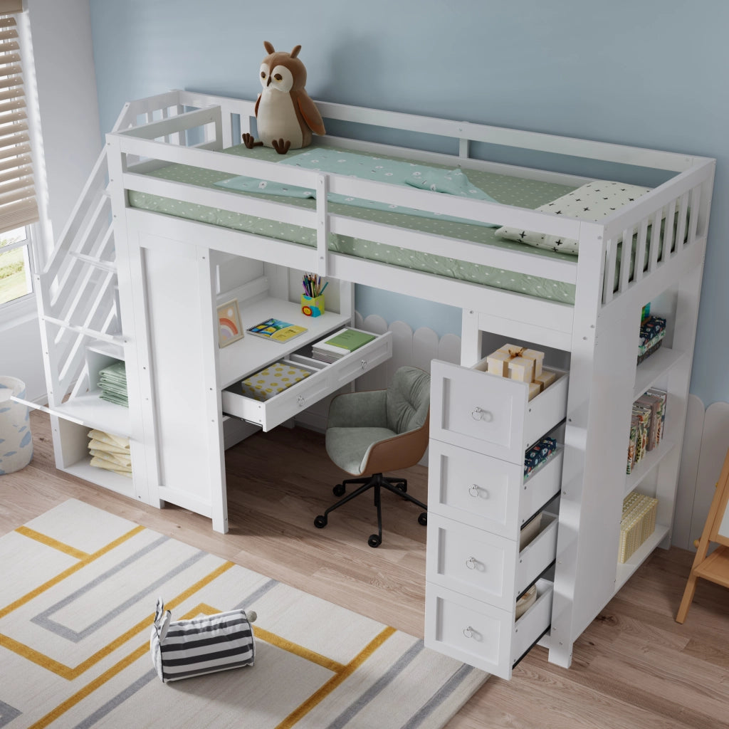 LETTO a soppalco multifunzione 90x200 cm bianco con scrivania e cassetti