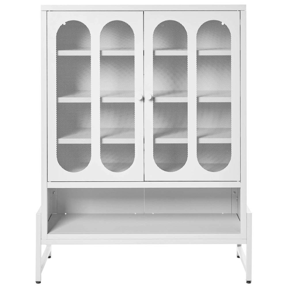 Credenza in acciaio con 2 ante ovali traforate e 5 ripiani bianco menta stile industriale moderna