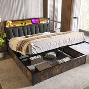 Letto matrimoniale 180x200 cm in tessuto grigio con LED RGBW; prese e USB; contenitore