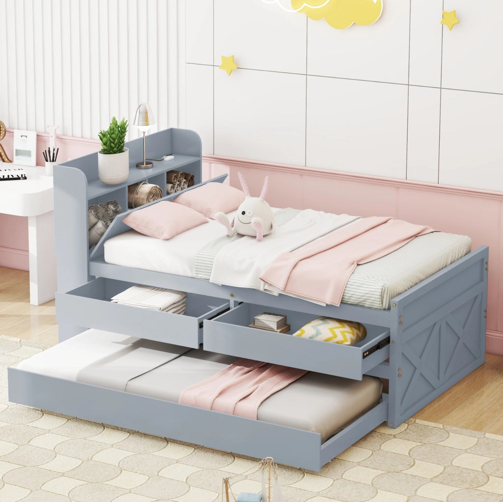 Letto 90x190 cm con cassetti; letto estraibile e USB in legno grigio