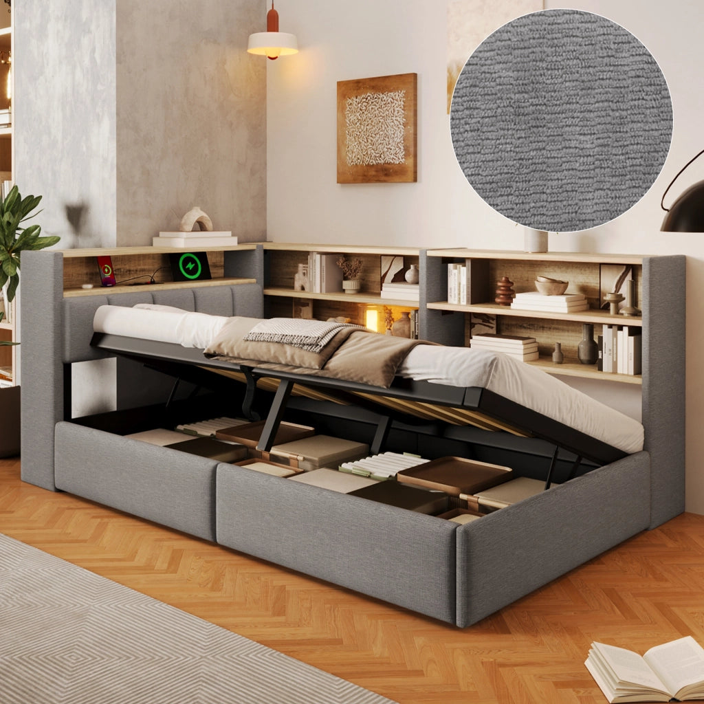 Letto Contenitore Singolo LEMONMAX 90x200 cm con Sollevamento Idraulico, LED APP, USB-A/USB-C e Modulo Laterale, Rete a Doghe, Velluto Grigio