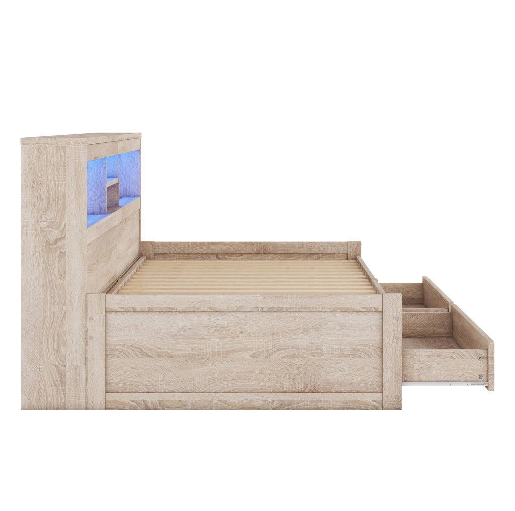 Letto 90x200 cm con LED; USB; prese e cassetti in truciolato e MDF
