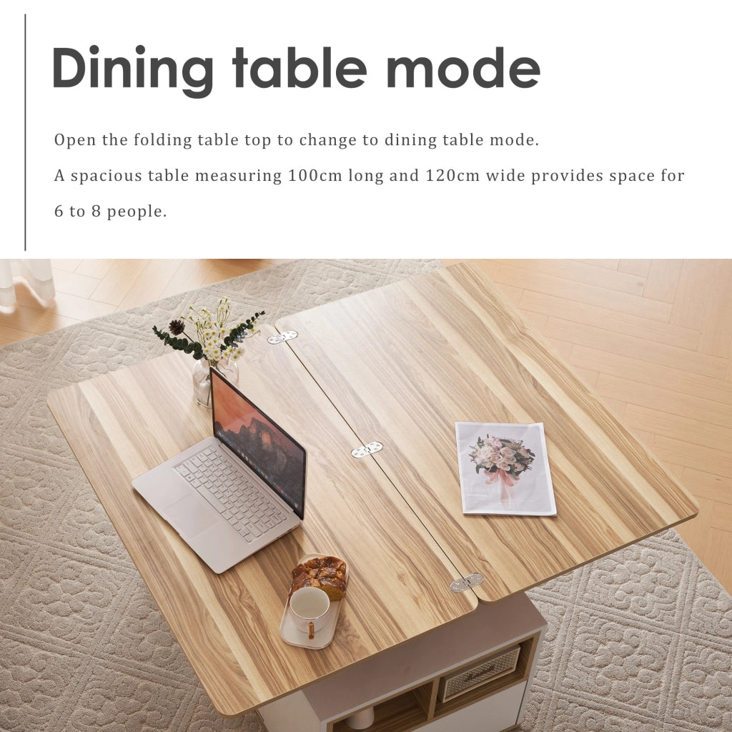 TAVOLINO DA SALOTTO ALZABILE 100x51x47 cm BIANCO E LEGNO CON 2 CASSETTI